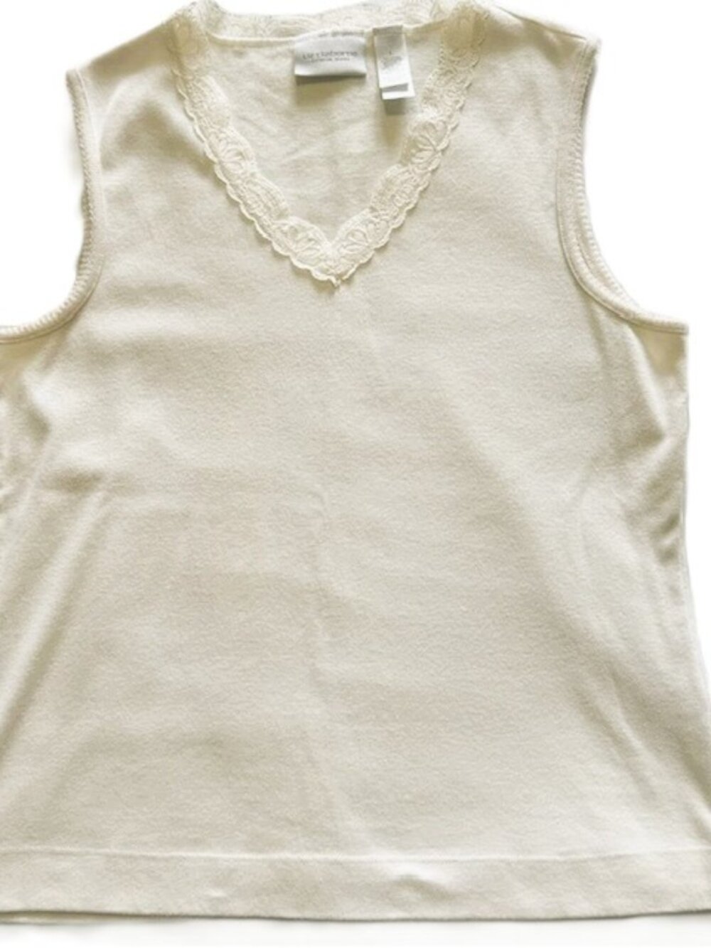 Liz Claiborne Ladies Top Tank L Cream V Neck Lace Detail 100% Cotton